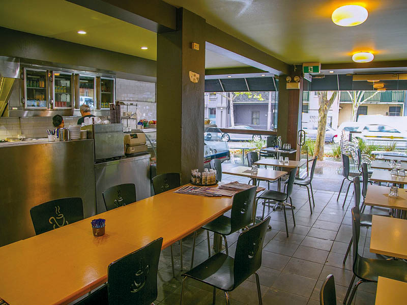 Indoor dining room with timber tables and street view